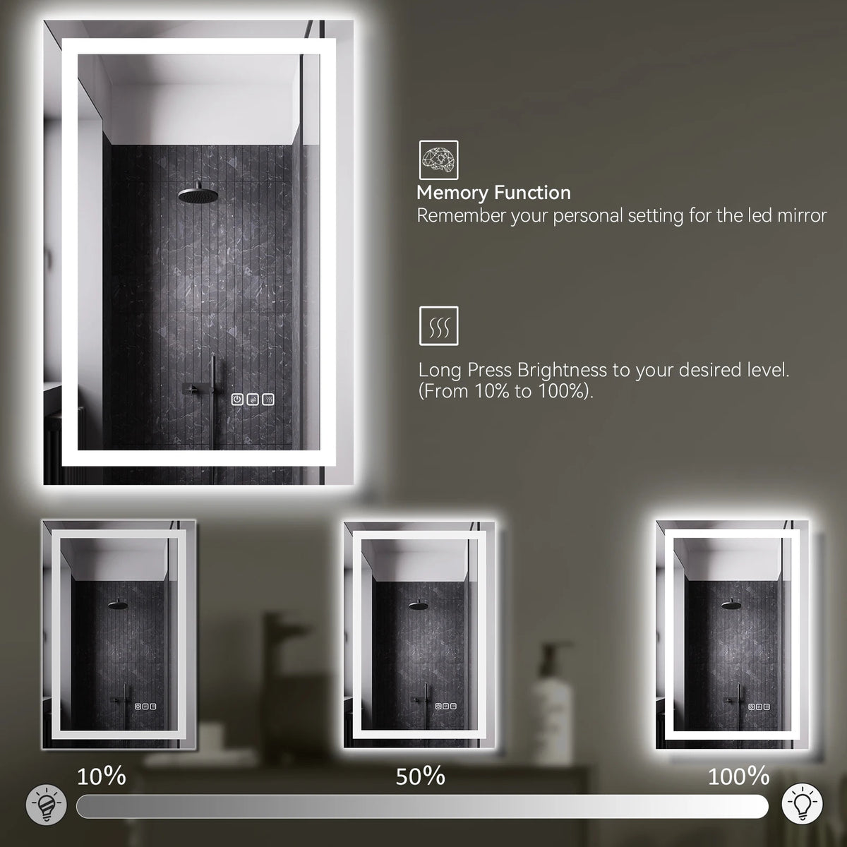 Stock in US Defogger Rectangle Wall Backlit Touch Sensor Switch Frameless Tempered Led Bathroom Mirror With Light for Bathroom