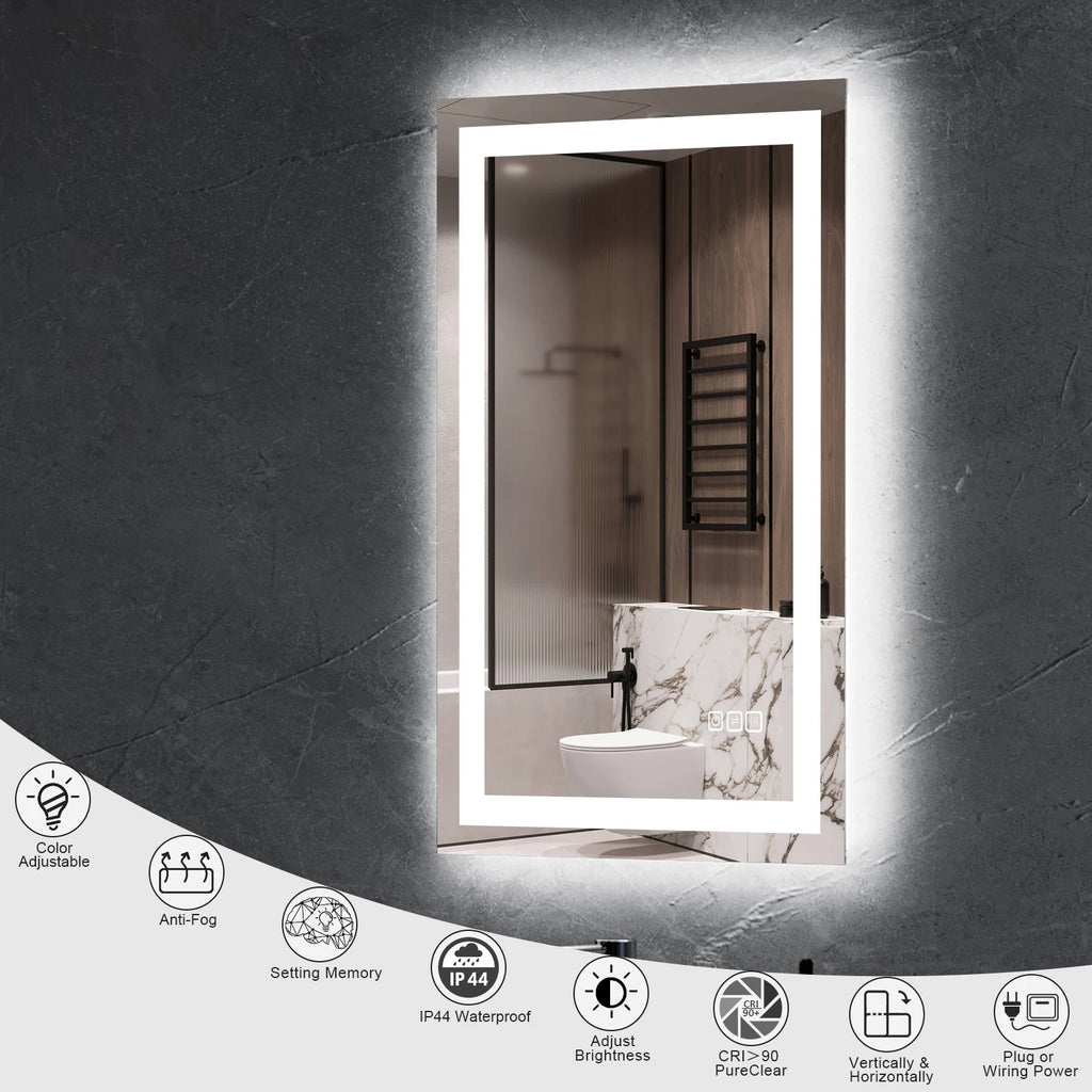 Stock in US Defogger Rectangle Wall Backlit Touch Sensor Switch Frameless Tempered Led Bathroom Mirror With Light for Bathroom