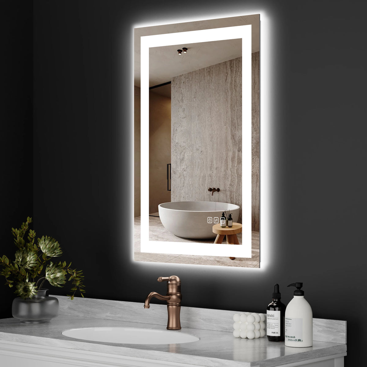 Stock in US Defogger Rectangle Wall Backlit Touch Sensor Switch Frameless Tempered Led Bathroom Mirror With Light for Bathroom