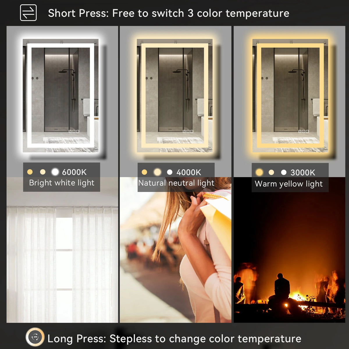 Stock in US Defogger Rectangle Wall Backlit Touch Sensor Switch Frameless Tempered Led Bathroom Mirror With Light for Bathroom