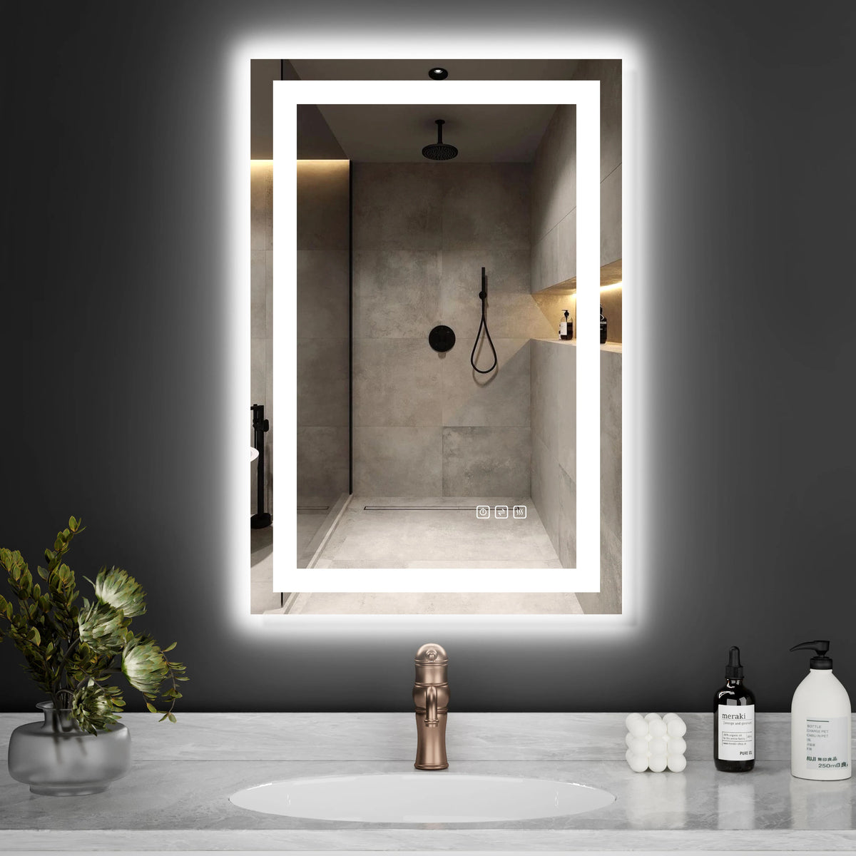 Stock in US Defogger Rectangle Wall Backlit Touch Sensor Switch Frameless Tempered Led Bathroom Mirror With Light for Bathroom